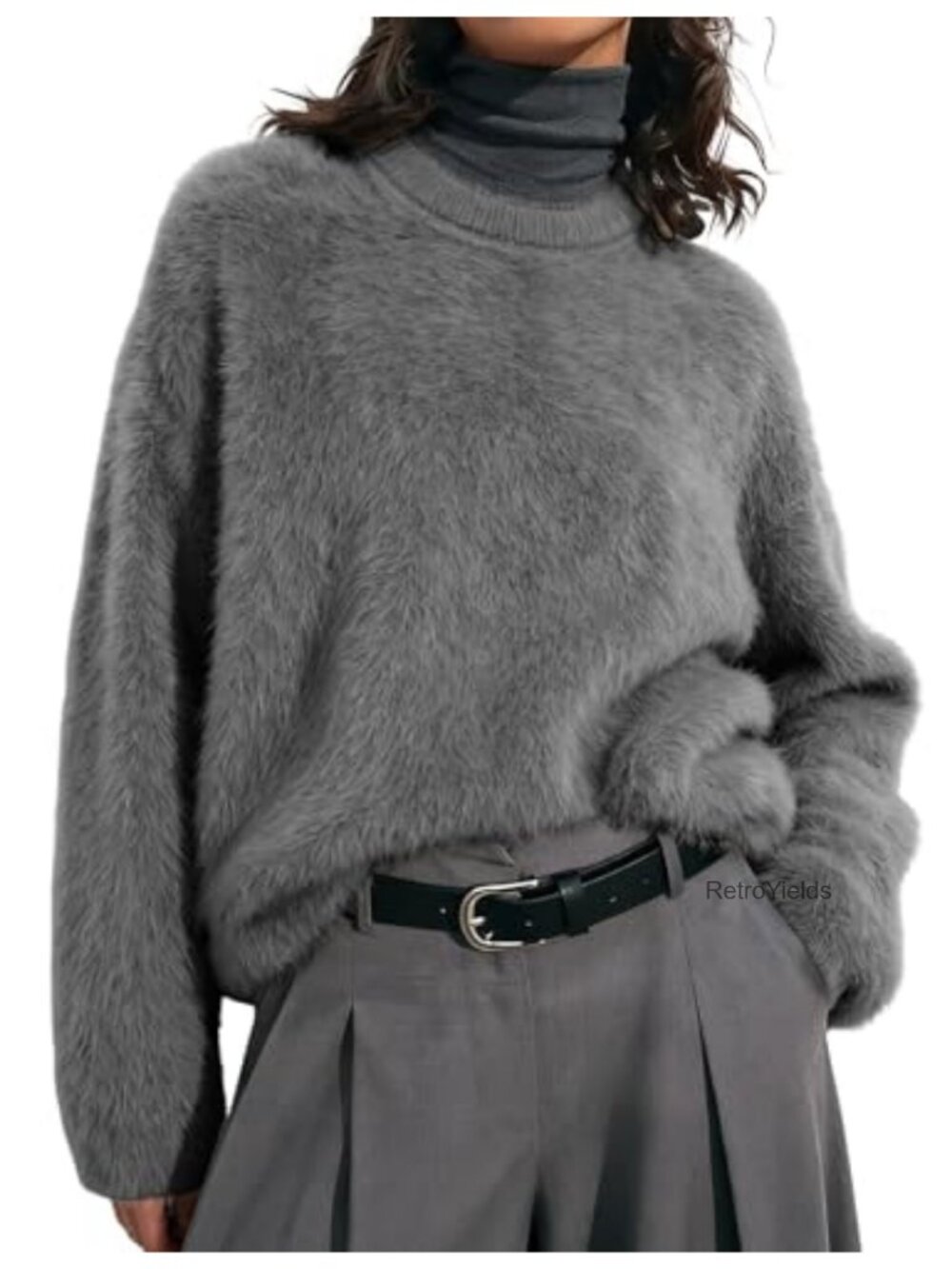 Fuzzy Knit Pullover Sweater Long Sleeve Crewneck Loose Fit Jumper